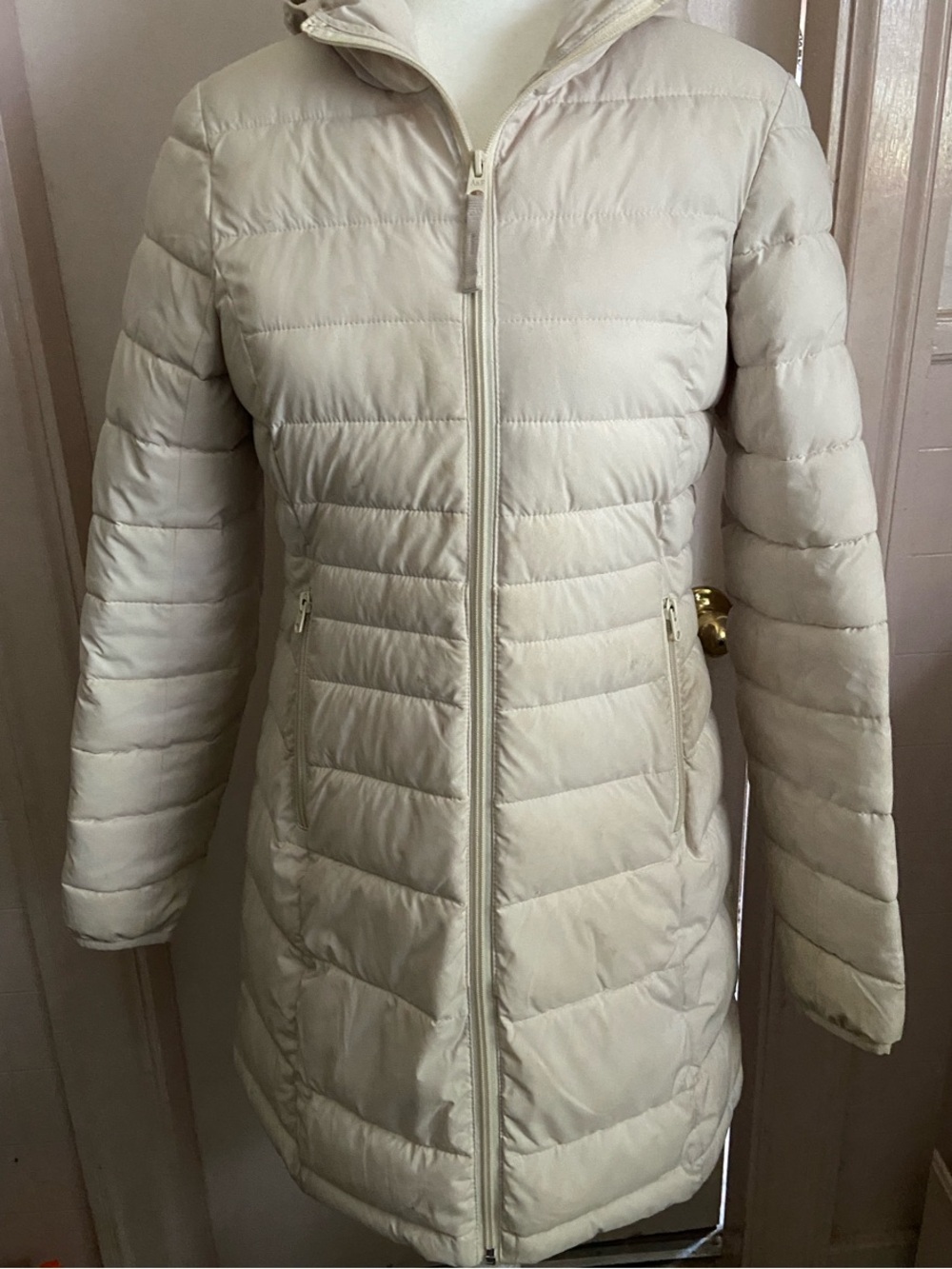 Abercrombie & Fitch Cream Hooded Quilted Long Puffer Coat
